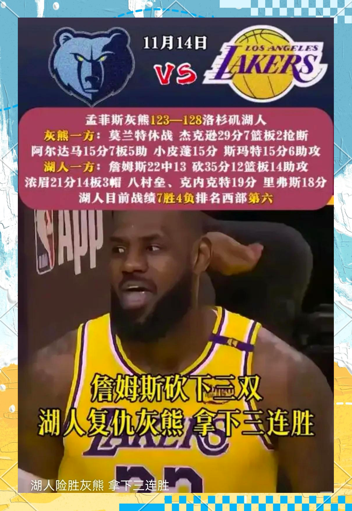 湖人勇夺灰熊，詹姆斯全能表现